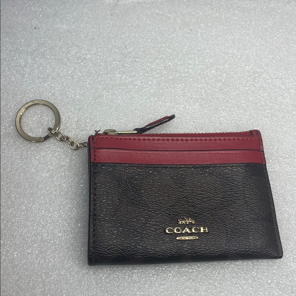 Coach Walnut and True Red Zip Wallet Card Holder with Keychain